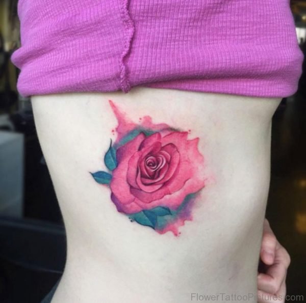 Watercolor Rose Tattoo On Girl Side Rib