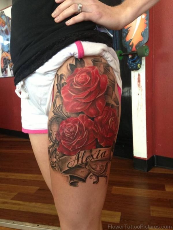 Wonderful Rose Tattoo On Thigh