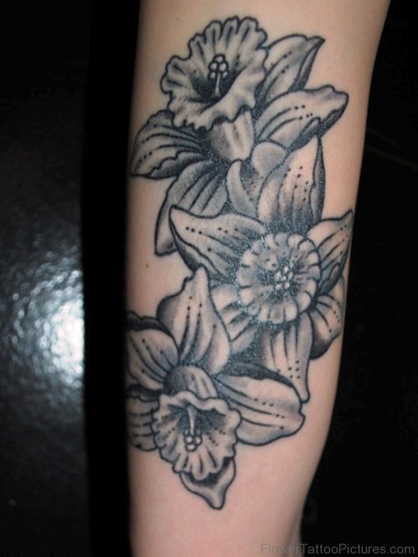 Amazing Black Inked Daffodil Flowers Tattoo