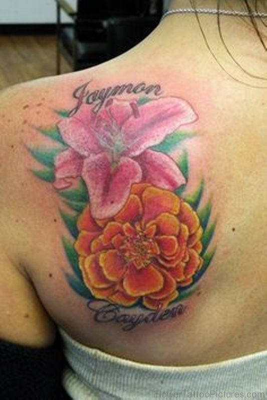 Amazing Marigold Flower Tattoo On Shoulder