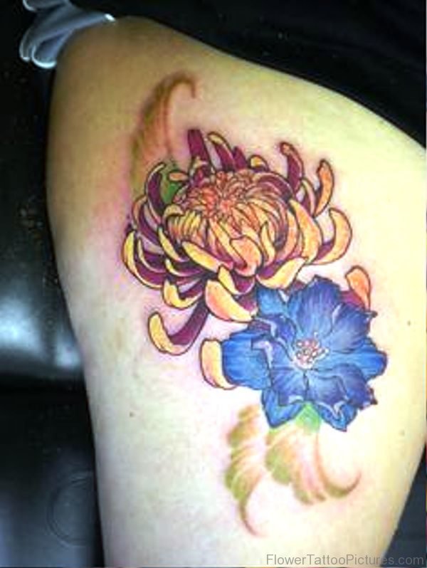 Attractive Larkspur Flower Tattoo On Thigh