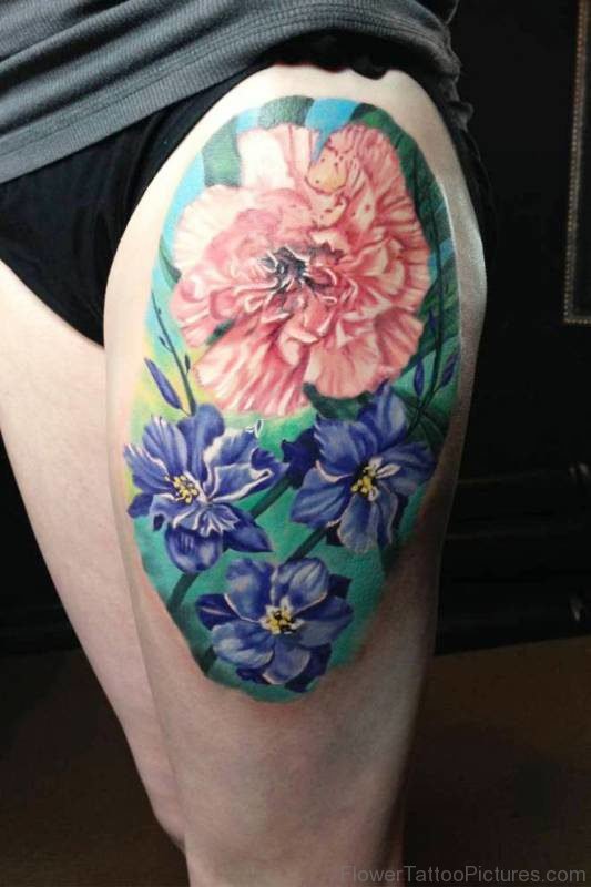Awesome Larkspur Flowers Tattoo On Thigh