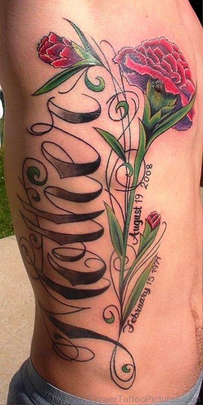 Big Carnation Flower Tattoo On Rib