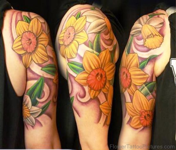Big Daffodil Flowers Tattoo On Shoulder