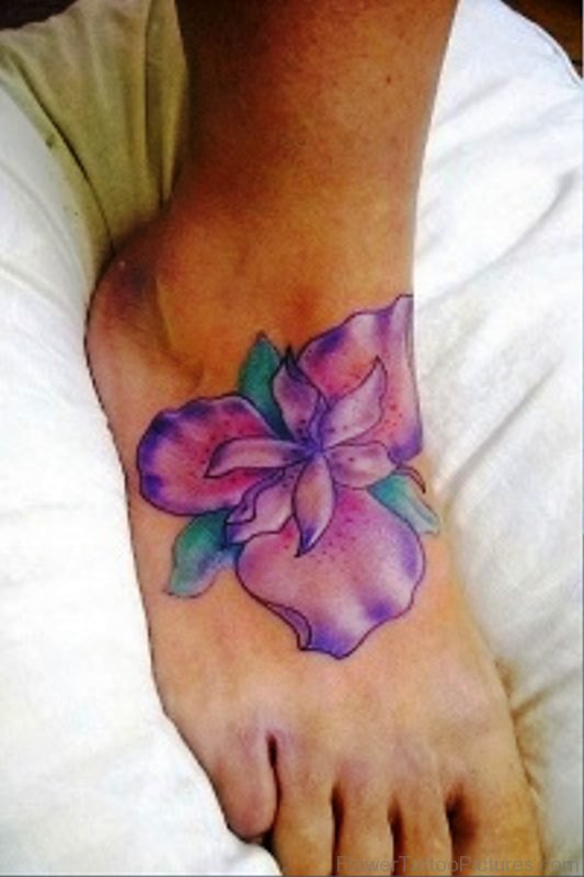 Big Iris Flower Tattoo On Foot