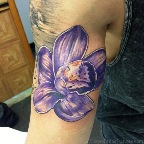 Big Purple Orchid Flower Tattoo On Arm
