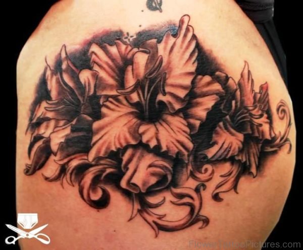Black And Grey Gladiolus Flower Tattoo