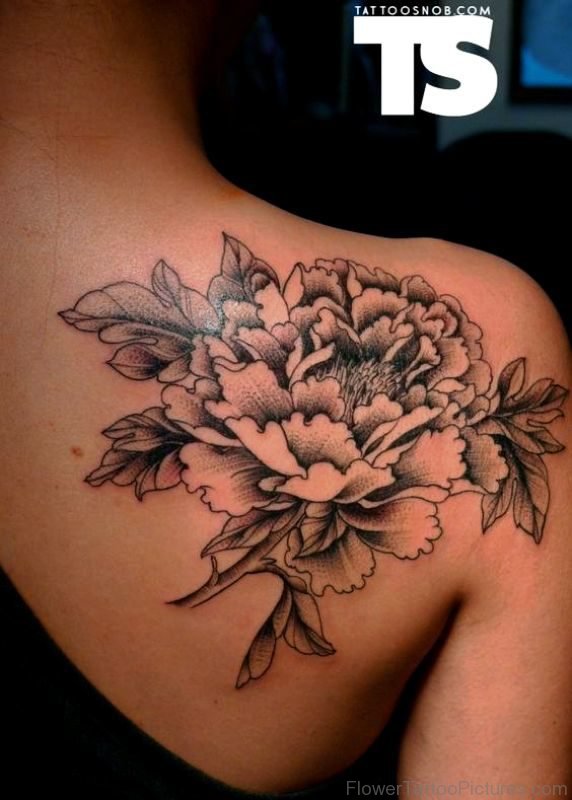 Black And Grey Larkspur Flower Tattoo On Shoulder