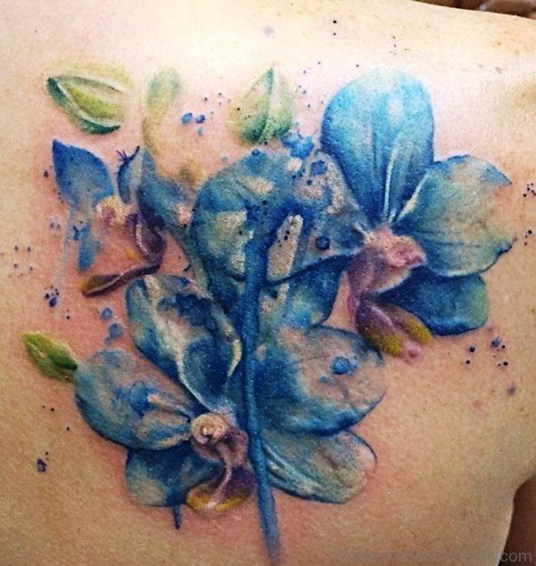 Blue Watercolor Orchid Flowers Tattoo Design