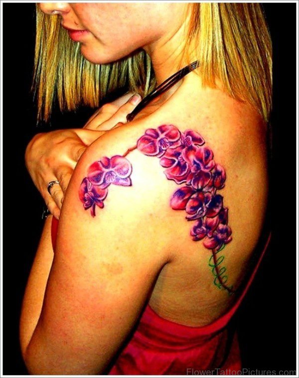 Branch Of Purple Orchid Flowers Tattoo