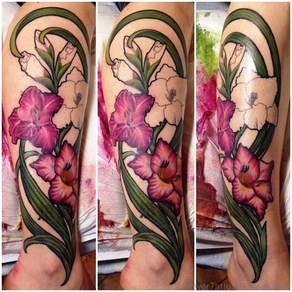 Classic Gladiolus Flower Tattoo On Leg
