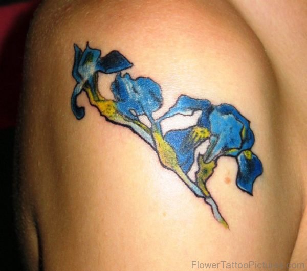 Classic Iris Flower Tattoo On Back Shoulder
