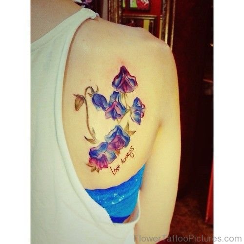 Colorful Bell Flower Tattoo On Shoulder