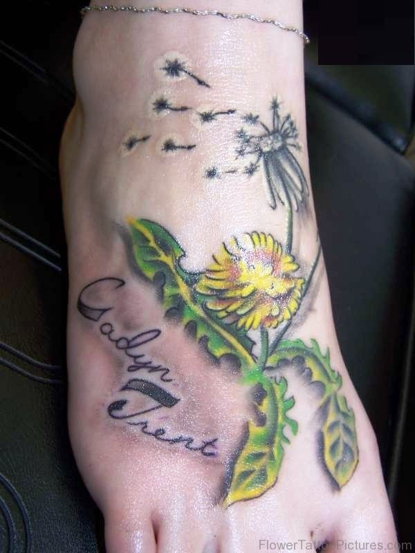 Colorful Dandelion Tattoo On Foot