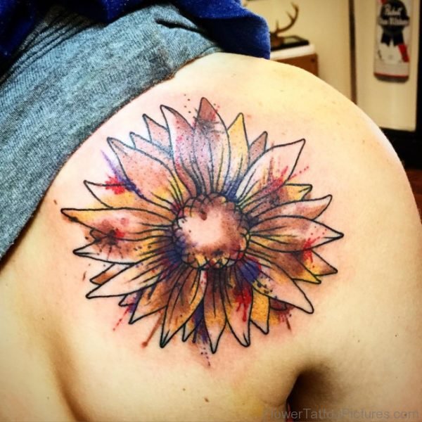 Colorful Outline Sunflower Tattoo On Shoulder