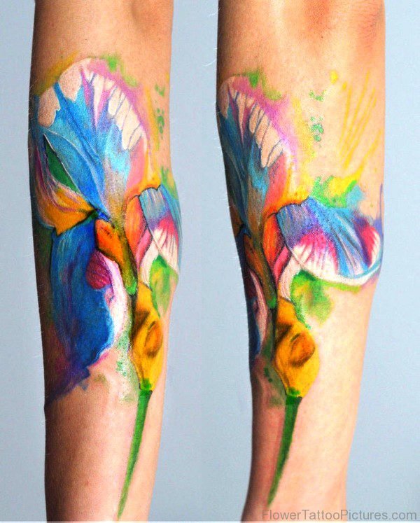Colorful Watercolr Iris Flower Tattoo On Arm