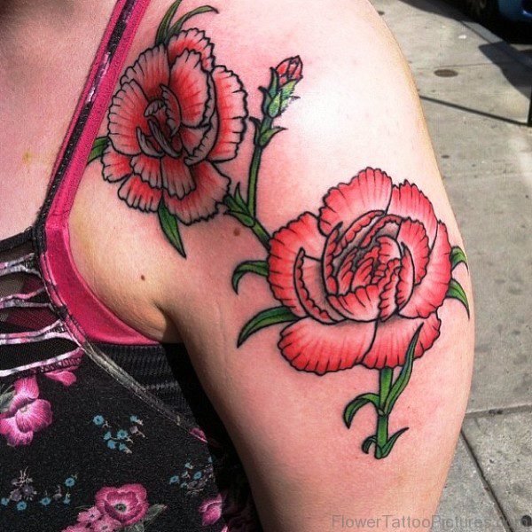 Cute Carnation Flowers Tattoo On Shoulder
