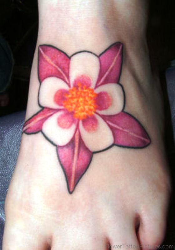Cute Columbine Flower Tattoo On Foot
