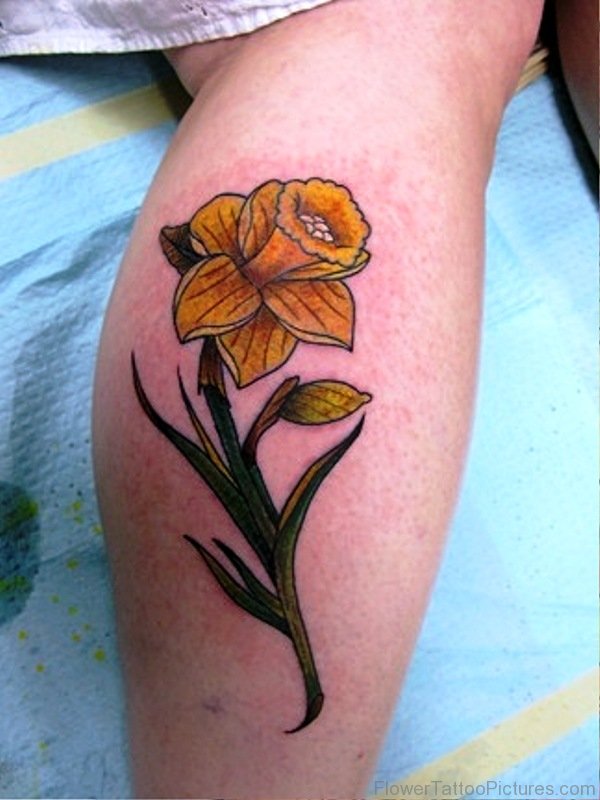 Cute Daffodil Flower Tattoo On Leg
