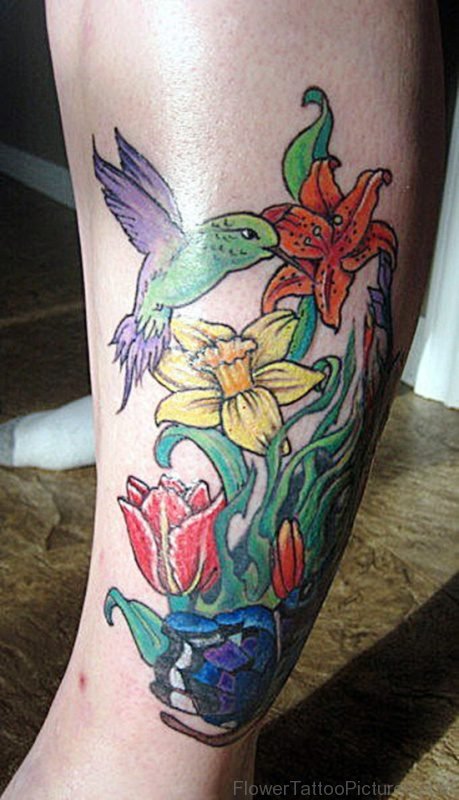 Daffodil Flowers With Flying Bird Tattoo