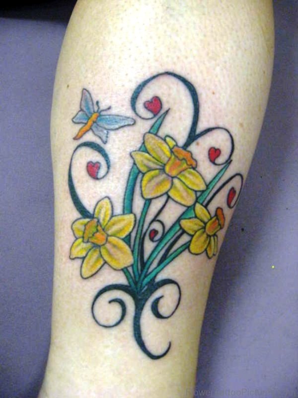 Daffodil Flowers With Little Hearts Tattoo