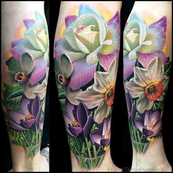 Daffodil With Colorful Flowers Tattoo