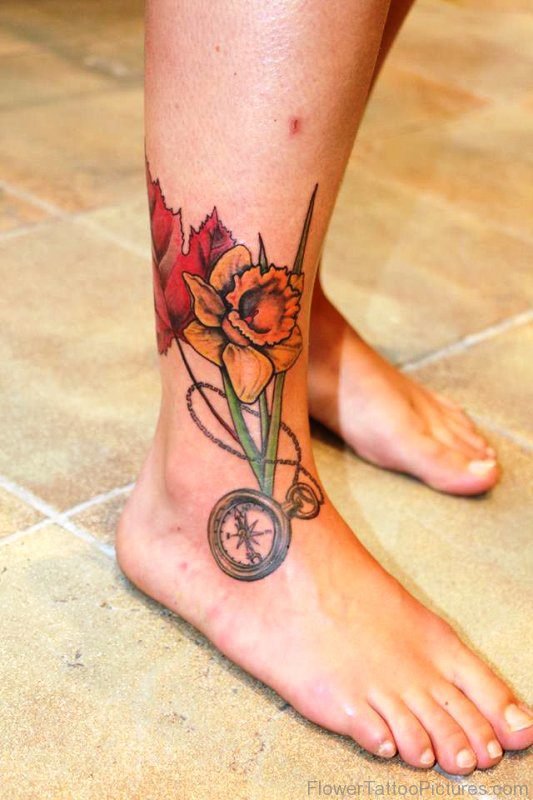 Daffodil With Compass Tattoo Design