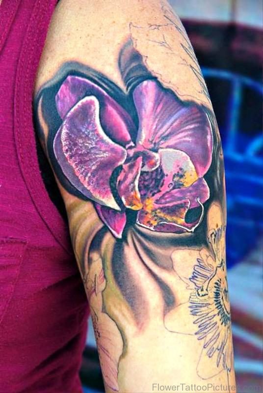 Dark Purple Larkspur Flower Tattoo On Arm