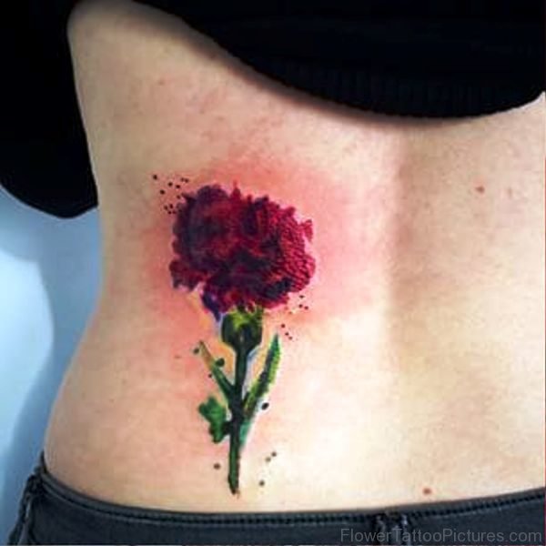 Dark Red Carnation Flower Tattoo On Back