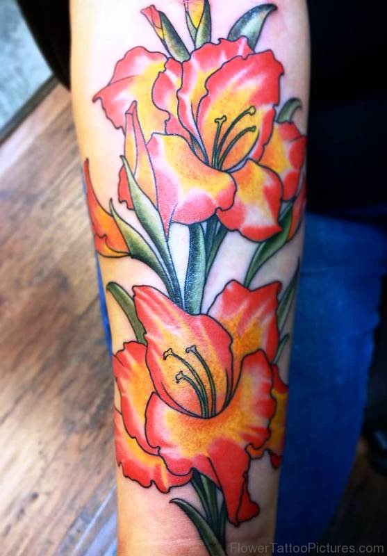 Delightful Gladiolus Flower Tattoo On Arm