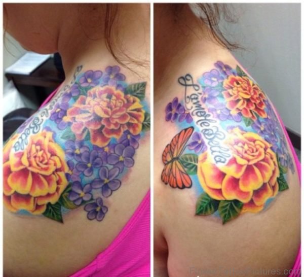Delightful Marigold Flower Tattoo On Shoulder