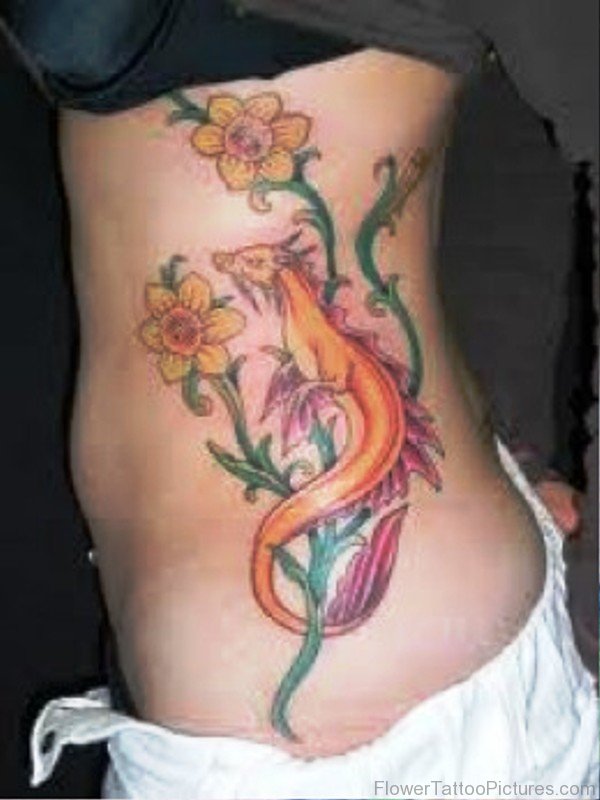 Dragon On Daffodil Flowers Tattoo