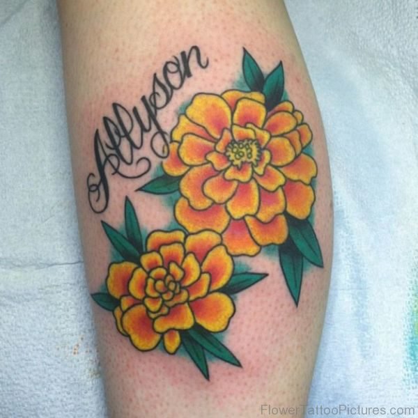 Elegnat Marigold Flower Tattoo On Arm