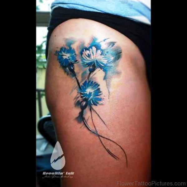 Gorgeous Cornflowers Tattoo On Thigh