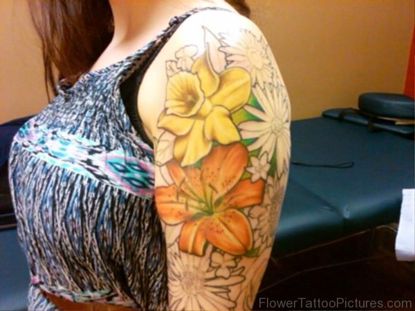 Gorgeous Daffodil Flowers Tattoo On Shoulder