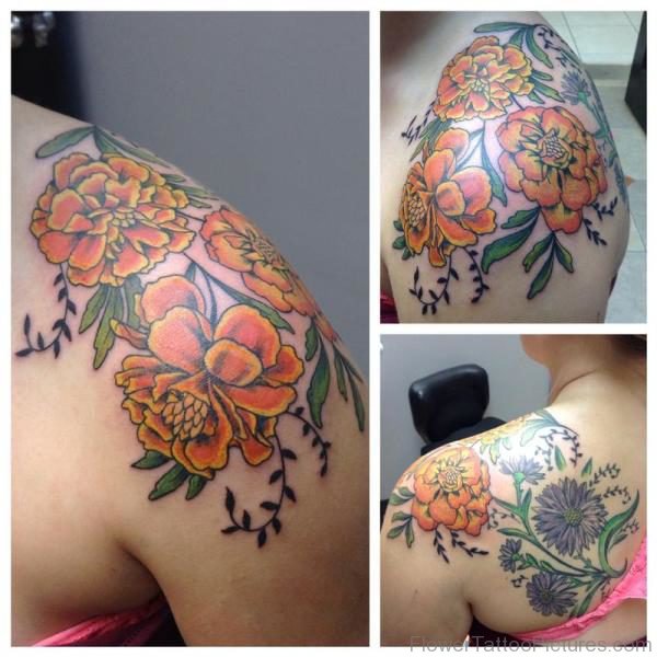 Graceful Marigold Flower Tattoo On Shoulder