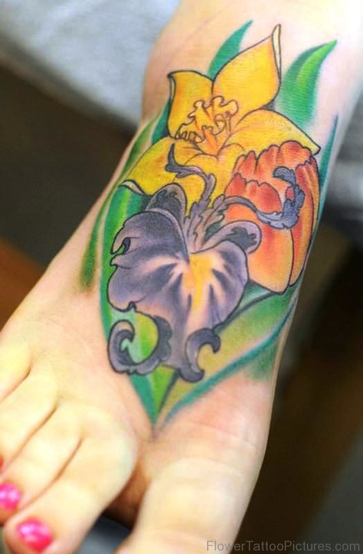 Great Daffodil Flower Tattoo On Foot
