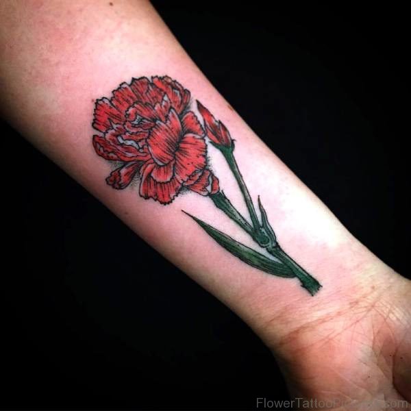 Great Red Carnation Flower Tattoo On Wrist