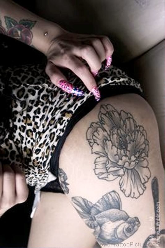 Grey Carnation Flower Tattoo On Thigh
