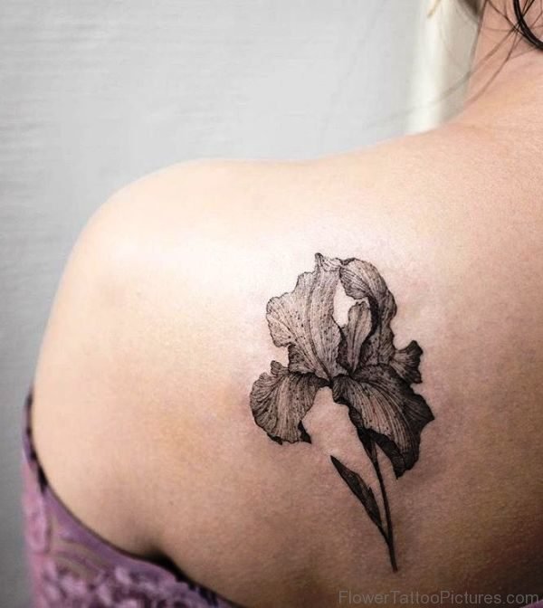 Grey Iris Flower Tattoo On Shoulder