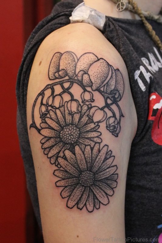 Grey Marigold Flower Tattoo On Shoulder