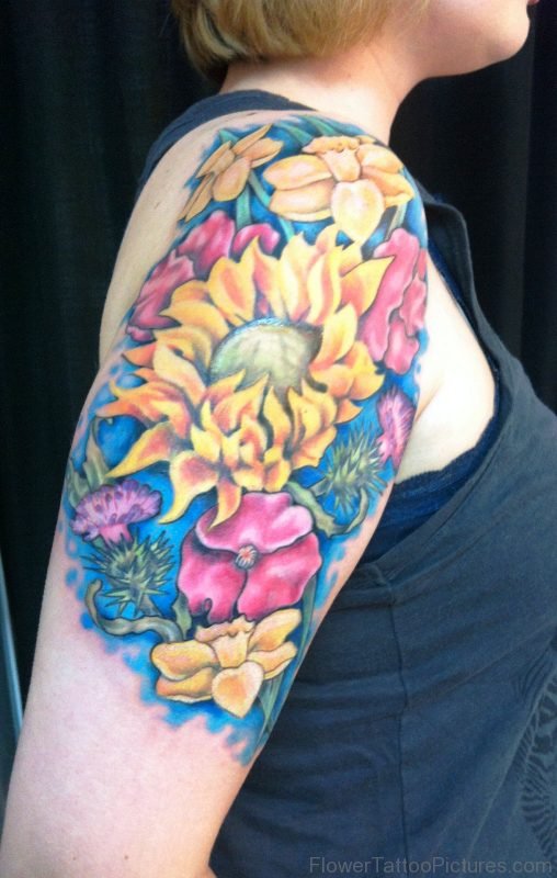 Huge Daffodil Tattoo On Shoulder
