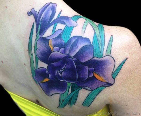 Huge Purple Iris Flower Tattoo On Shoulder