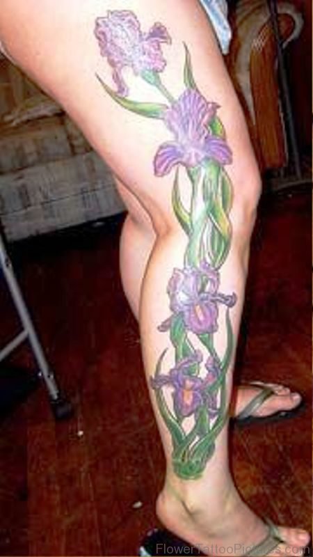 Iris Flower Tattoo On Thigh To Leg