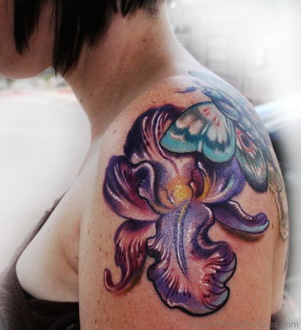 Iris Flower With Butterfly Tattoo On Shoulder