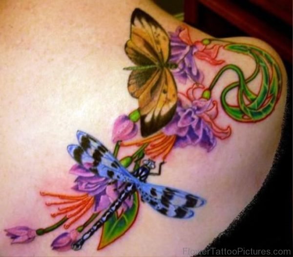 Iris Flower With Dragon Fly Tattoo