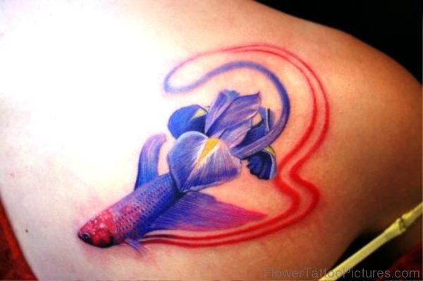 Iris Flower With Fish Tattoo On Shoulder