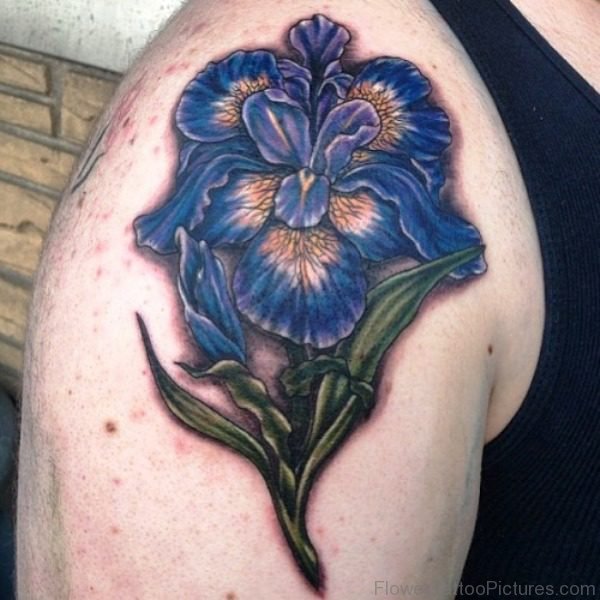 Large Purple Iris Flower Tattoo On Shoulder