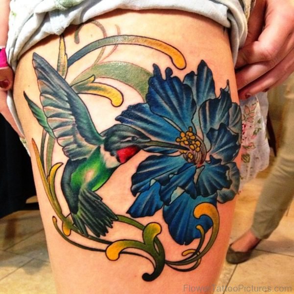 Larkspur Flower Tattoo With Flying Bird