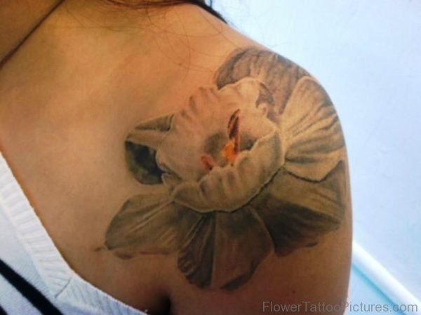 Light Grey Daffodil Tattoo On Shoulder